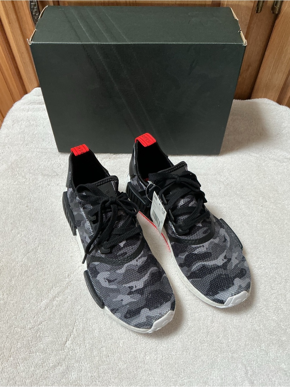 adidas NMD R1 Men's Black & Gray Camo Knit Sneakers with Red Heel Tabs